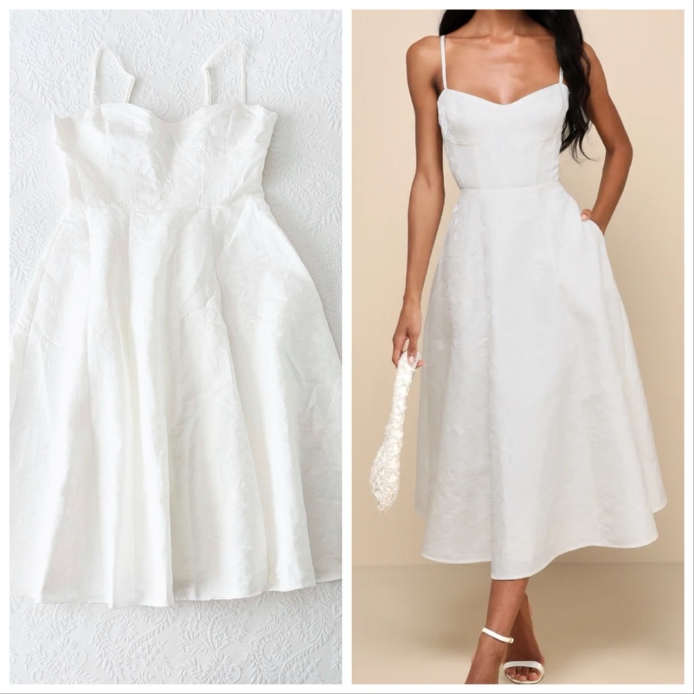 NWOT Lulus Meet for Tea White Jacquard Bustier Midi Dress With Pockets XLarge